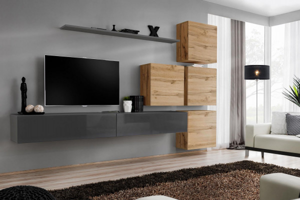 Grijze tv-standaard wandplank luxe woonwand inrichting modern compleet dressoir
