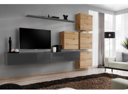 Grijze tv-standaard wandplank luxe woonwand inrichting modern compleet dressoir