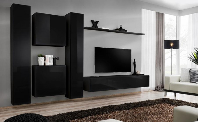 Zwart woonwand tv-standaard luxe woonkamer meubilair compleet set 6-delig modern.