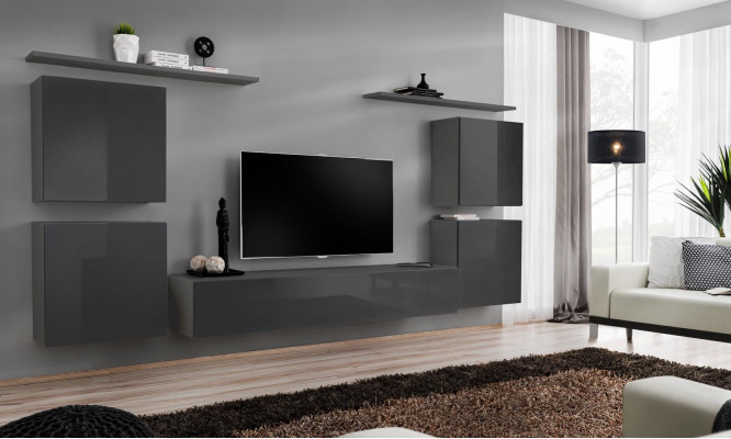 Grijze muur woonwand woonkamer meubilair luxe tv-standaard wandplank kast plank nieuw