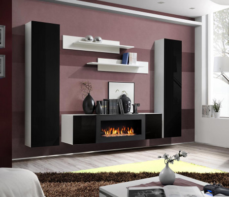 Tv-meubel met open haard woonkamer design wandplanken wandkast hout