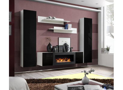 Tv-meubel met open haard woonkamer design wandplanken wandkast hout