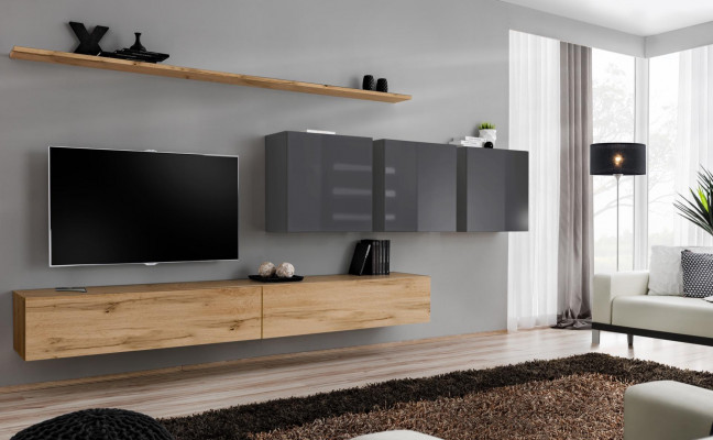 Bruine woonwand woonkamer wandkast wandplank kast designmeubels