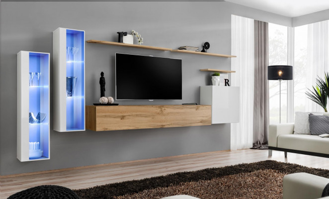 Moderne woonwand luxe houten wandplanken woonkamer meubels designinrichting