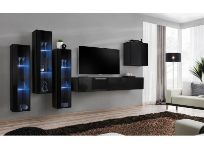 Zwart woonkamer wandmeubel set vitrinekast wandplank 5-delige inrichting.