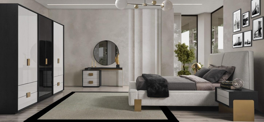 Modern slaapkamerset met tweepersoonsbed, 2 nachtkastjes, kaptafel, 6-delig