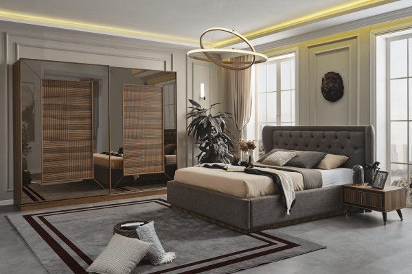 Slaapkamer set - gestoffeerd bed, 2 nachtkastjes, kledingkast 4-delige set