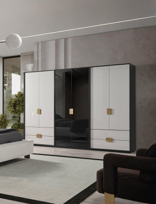 Zwart-witte slaapkamerkast Moderne kast met 6 deuren