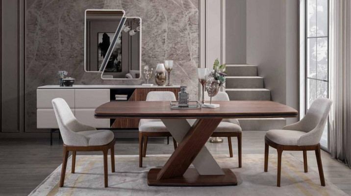 Bruin-Grijze eetkamer set Eettafel 4 stoelen Commode Spiegel 7-delige.