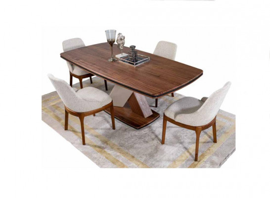 Bruin-Grijze eetkamer set Eettafel 4 stoelen Commode Spiegel 7-delige.