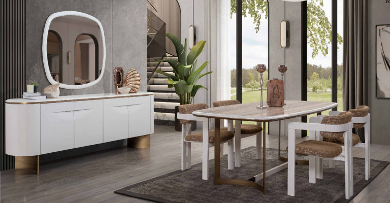 Eetkamer set: Eettafel, 4x stoelen, dressoir, spiegel, modern set, wit eetgroep.