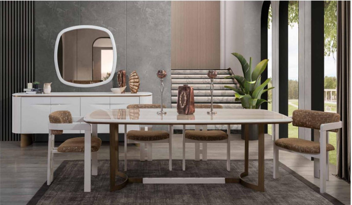 Eetkamer set: Eettafel, 4x stoelen, dressoir, spiegel, modern set, wit eetgroep.