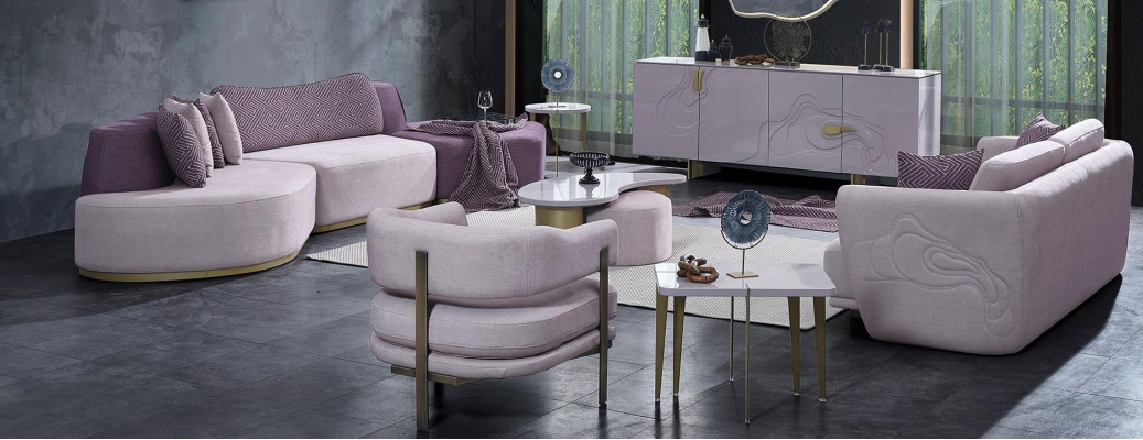 Woonlandschap Bankstel Grote Roze Stoffenbanken Modern Set 5-delig Bank