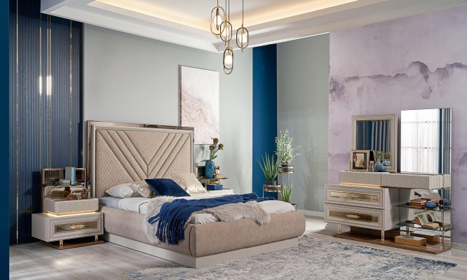 Tweepersoonsbed Compleet slaapkamerbed Beige 4-delig Houten kaptafel