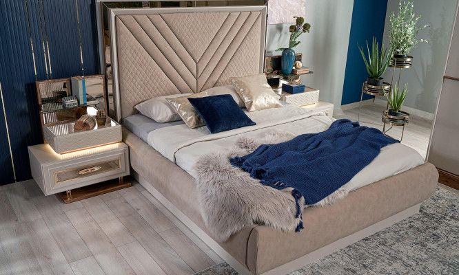 Tweepersoonsbed Compleet slaapkamerbed Beige 4-delig Houten kaptafel