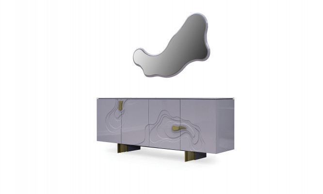 Dressoir set met spiegelkast van hout in roze eetkamer.