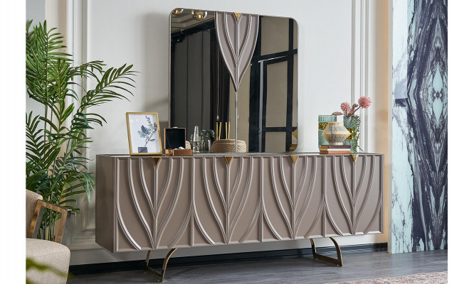 Dressoir set buffet met spiegel eetkamer hout bruin kast