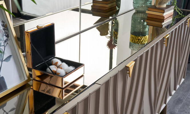 Dressoir set buffet met spiegel eetkamer hout bruin kast