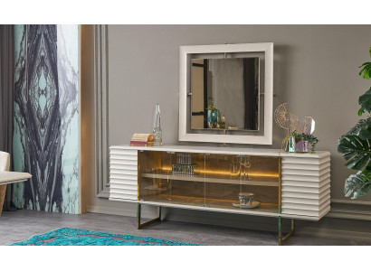 Dressoir set Sideboard met spiegel Eetkamer Hout Beige Commode