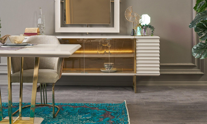 Dressoir set Sideboard met spiegel Eetkamer Hout Beige Commode