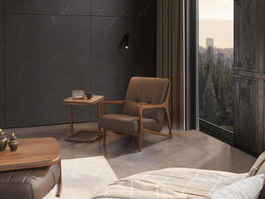 Bruine fauteuil gestoffeerde meubels woonkamer hout inrichting luxe textiel nieuw