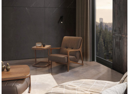 Bruine fauteuil gestoffeerde meubels woonkamer hout inrichting luxe textiel nieuw