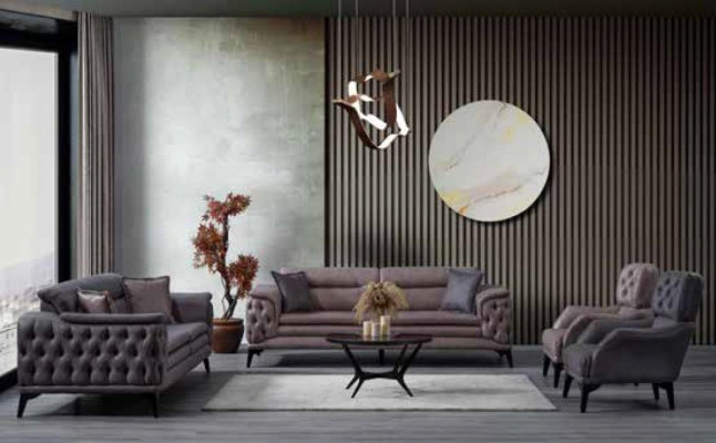 Luxe meubels bruine woonkamer tweezits textiel en lederen bankstellen modern