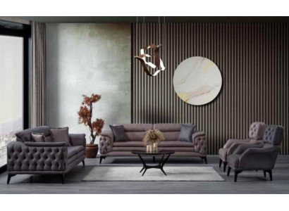 Luxe meubels bruine woonkamer tweezits textiel en lederen bankstellen modern