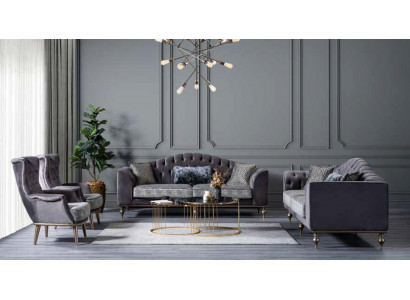 Grijze fauteuil van textiel, loungestoel, éénzitter, gestoffeerde zitting, houten frame voor in de woonkamer.