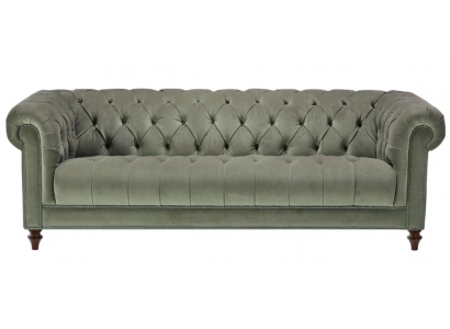 Salbeigroen driezits stoffen woonkamer design gestoffeerde bank banken Chesterfield
