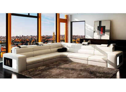 Leren bank Bank met USB, hoekbank zitkussen woonlandschap XXL Big Willow White