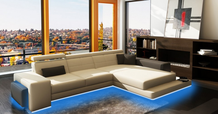 Hoekbank + USB-beklede bank Woonlandschap Zithoeklounge Lederen textiel Geroda