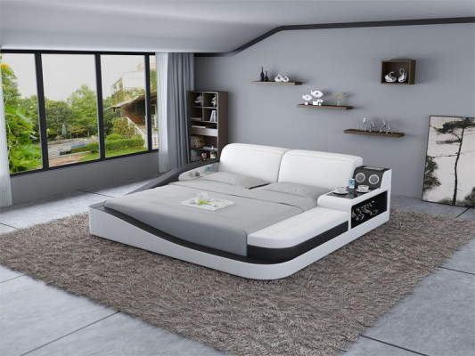 Multifunctioneel bed met Bluetooth-luidsprekers, luxe designleren bedden, hotel, nieuw tweepersoons.