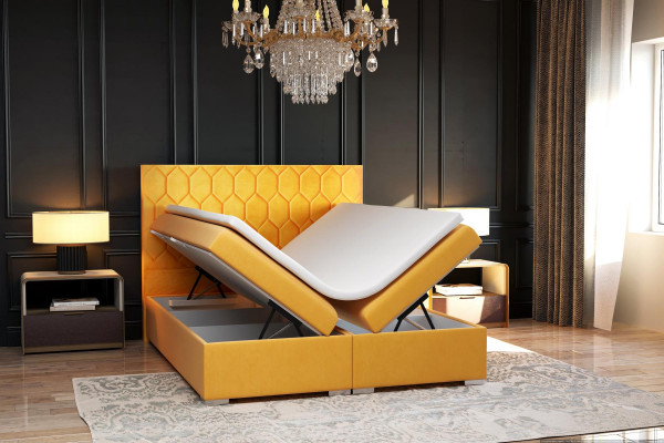 Boxspring bed hotel dubbele luxe bedden gestoffeerde functie bedlade geel fluweel