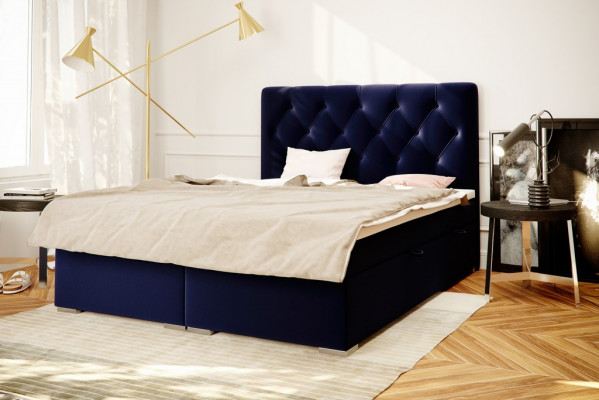 Boxspring Bed Hotel Dubbel Blauw Textiel Luxe Bedden Gestoffeerd Bed Opbergbox Functie