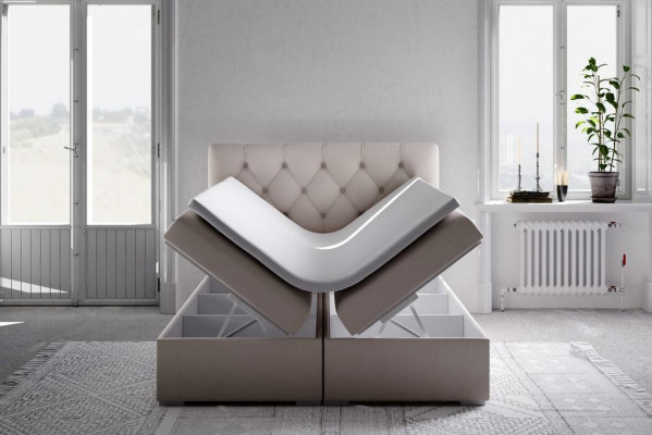 Boxspring Bed Hotel Dubbel Blauw Textiel Luxe Bedden Gestoffeerd Bed Opbergbox Functie