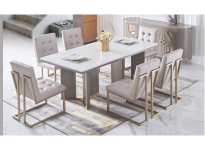 Designer eetkamerstoelset van metaal en textiel, 6x loungestoelen.