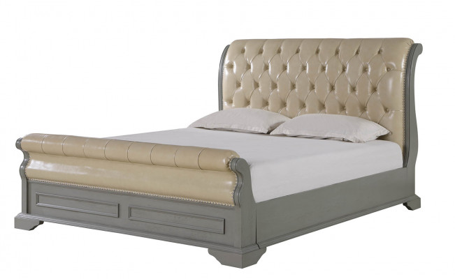 Chesterfield Design Bed Grijs 180x200 Tweepersoonsbed Bedden Gestoffeerd Leren Bed Meubels
