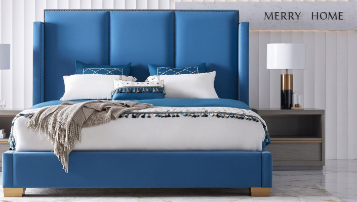 Slaapkamer Design luxe Bed 180x200 Textiel Tweepersoonsbedframe Blauw