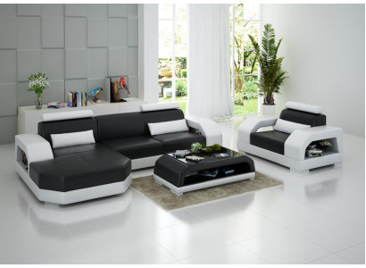 Leren bank bankstel hoekbank + fauteuil set ontwerp modern LED USB