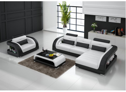 Leren bank Bank Woonlandschap Hoekbank + Fauteuil Nieuwe set Ontwerp
