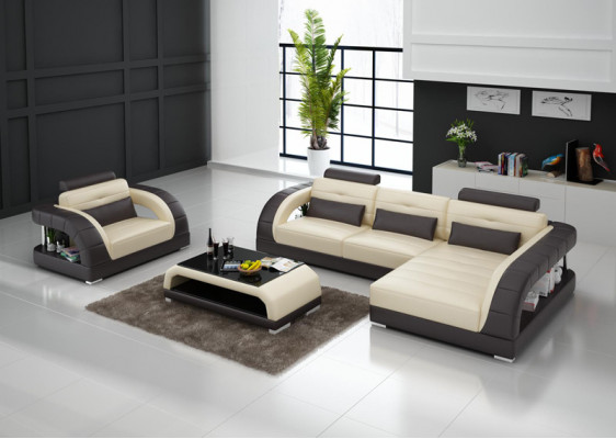 Leren bank Bank Woonlandschap Hoekbank + Fauteuil Nieuwe set Ontwerp