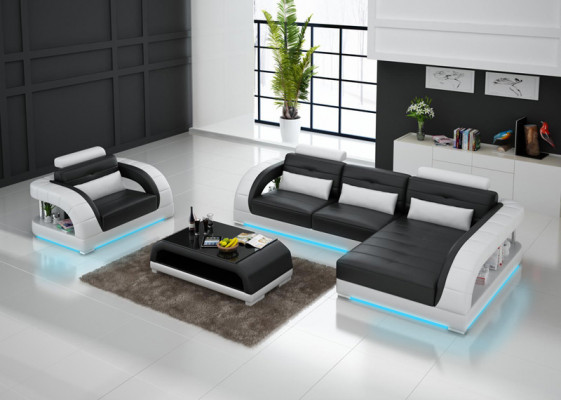 Leren bank Bank Woonlandschap Hoekbank + Fauteuil Nieuwe set Ontwerp