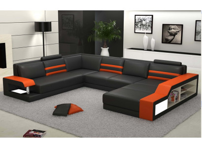 Designersofa hoekbank met USB, leren bankstel met bekleding en LED-verlichting.