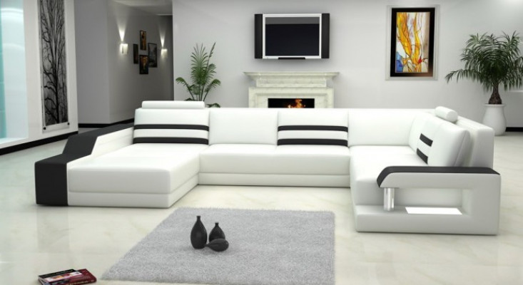 Designersofa hoekbank met USB, leren bankstel met bekleding en LED-verlichting.