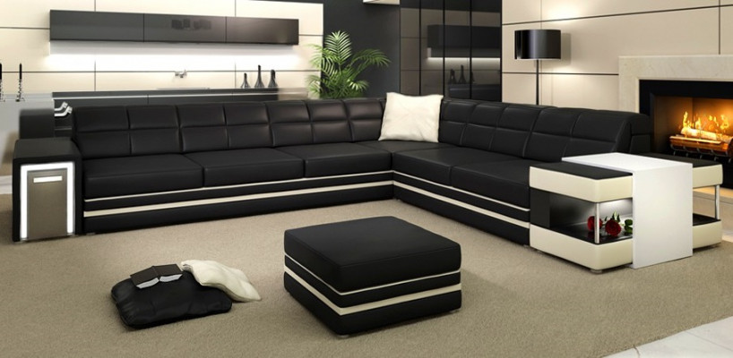 Designersofa Hoekbank Bank Leren Bank Bekleding Zitting Hoek Bankstel + Licht Nieuw PH3026