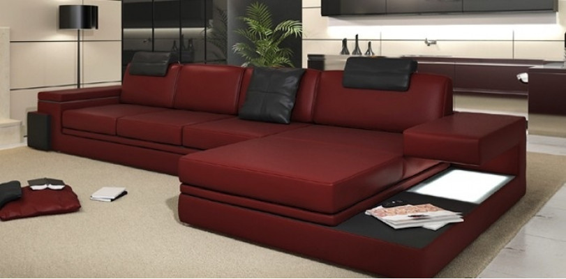 Rote design woonkamerbank stoffen sofa hoekopstelling textielbekleding LED + USB