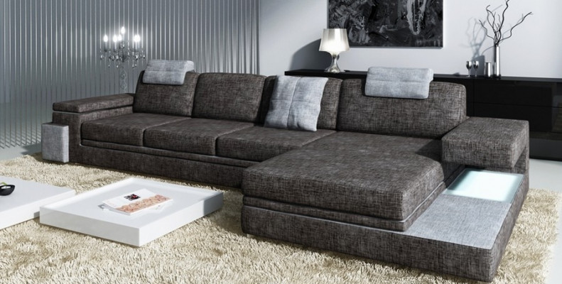 Rote design woonkamerbank stoffen sofa hoekopstelling textielbekleding LED + USB