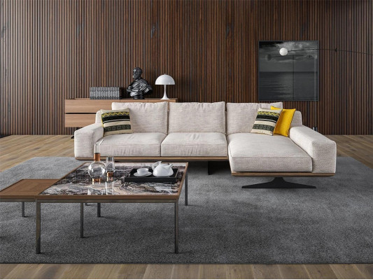 Ontwerper luxe textiel hoekbank L-vorm woonkamer 2x salontafel inrichting