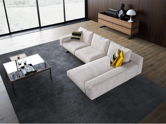 Ontwerper luxe textiel hoekbank L-vorm woonkamer 2x salontafel inrichting